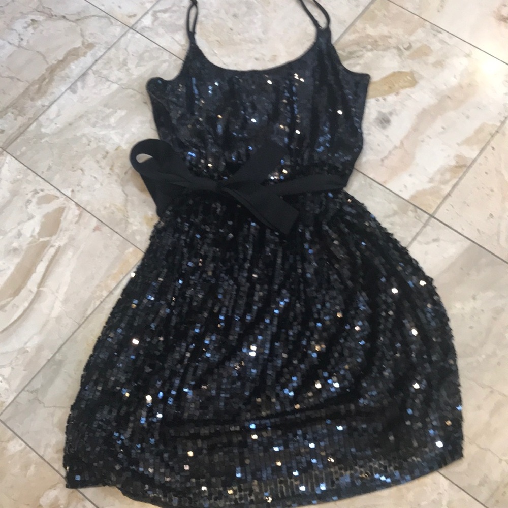 EXPRESS Black Sequin metallic cocktail midi dress, with bow detail, M.